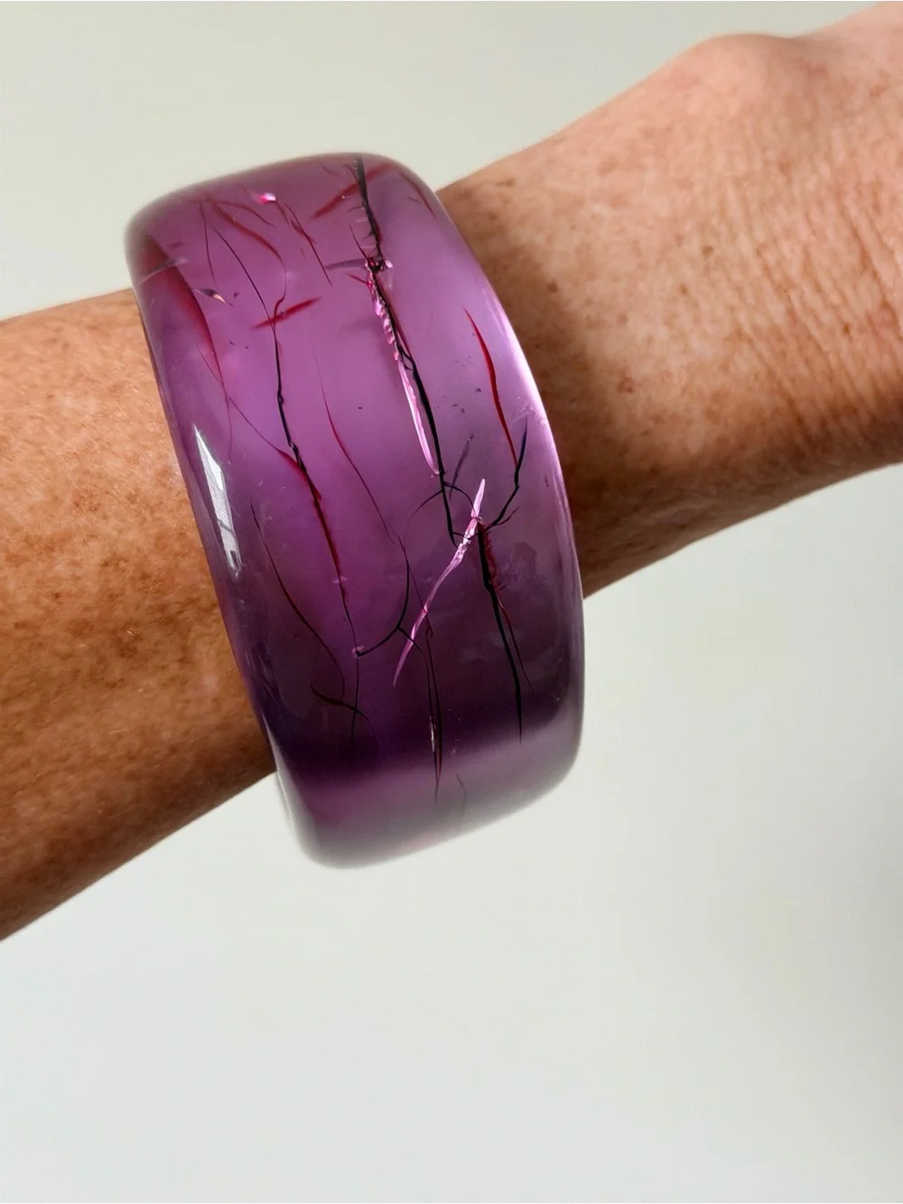 Vintage Purple Resin Bangle Bracelet with Red and Black Vein Accents